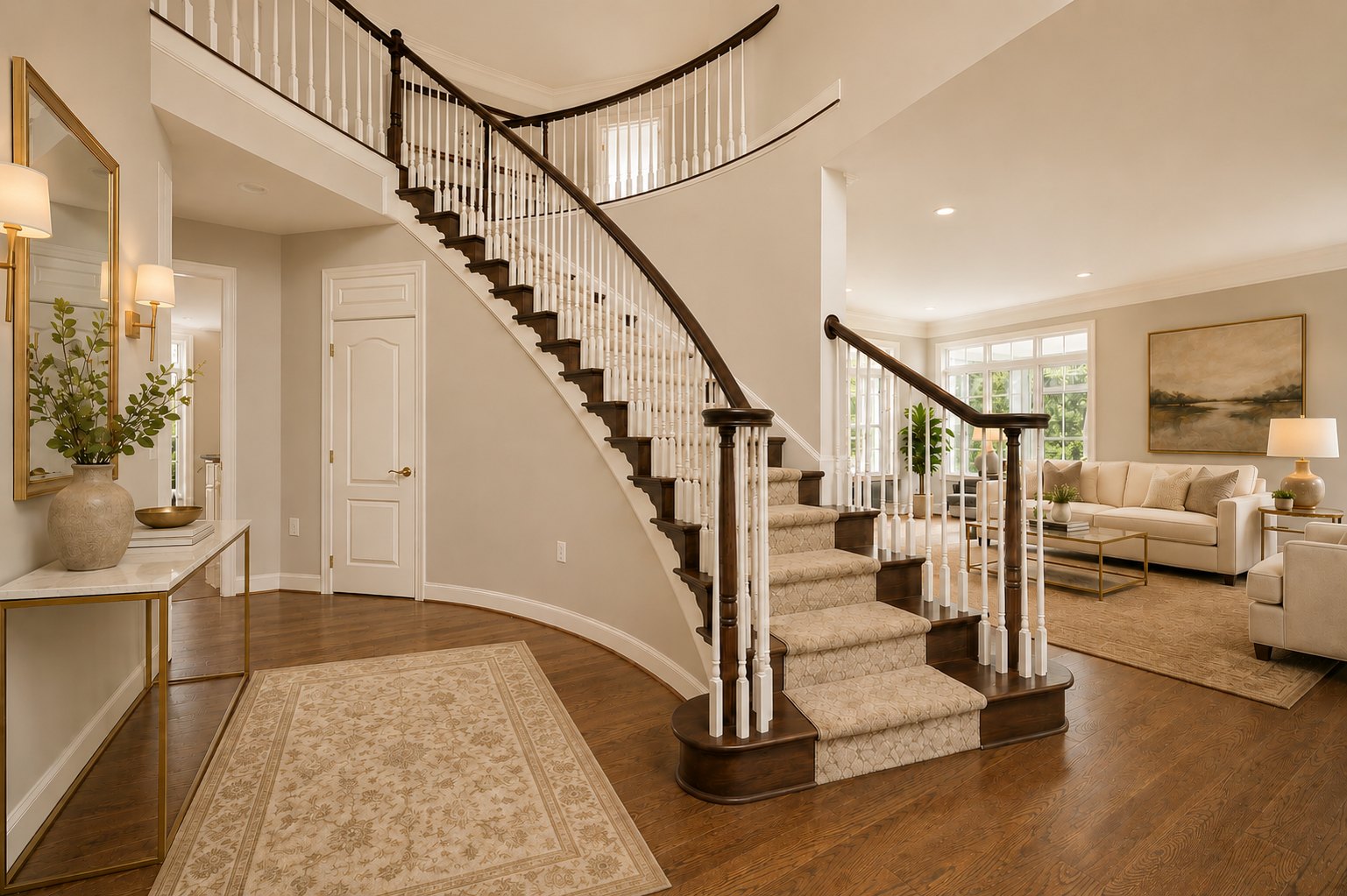 A Virginia home entry with a curved staircase