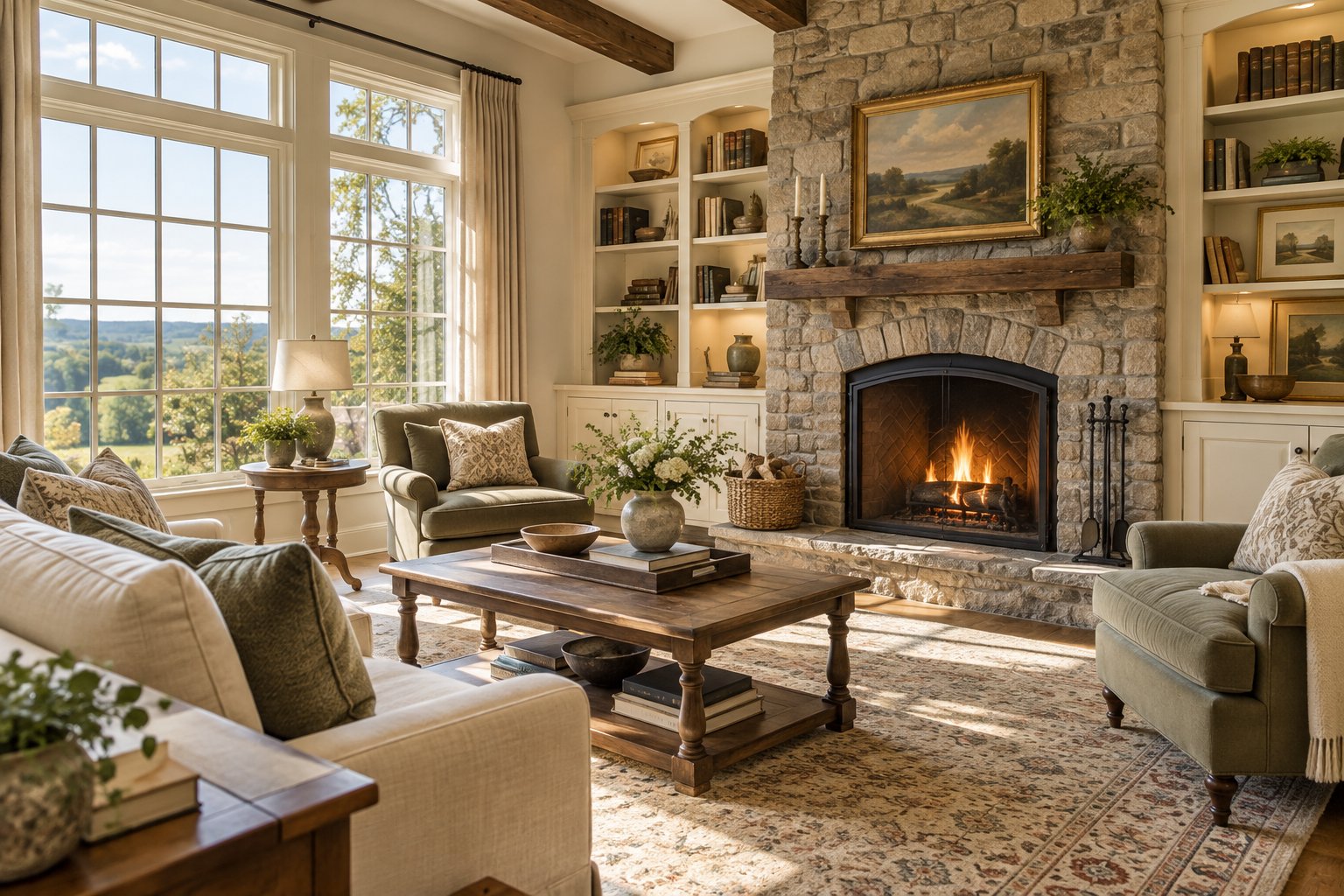 A sunlit Virginia sitting room, illustrative
