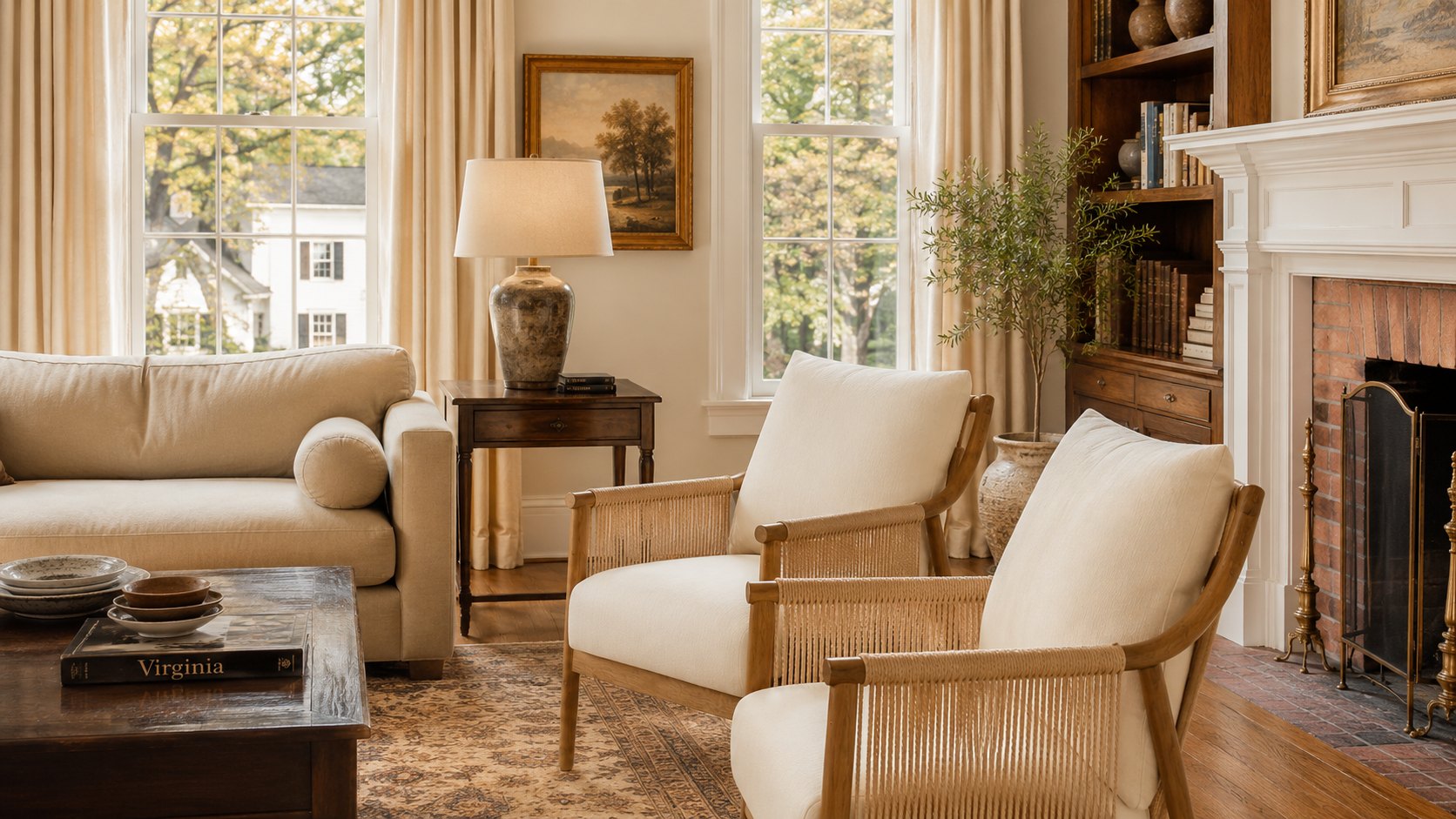 A warm Virginia living room with a fireplace